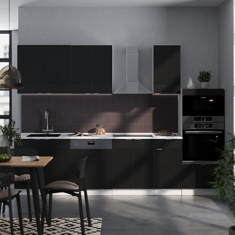Cuisine Fame-Line, Noir rayé/blanc, 300 cm avec armoire haute, sans plan de travail, Vicco