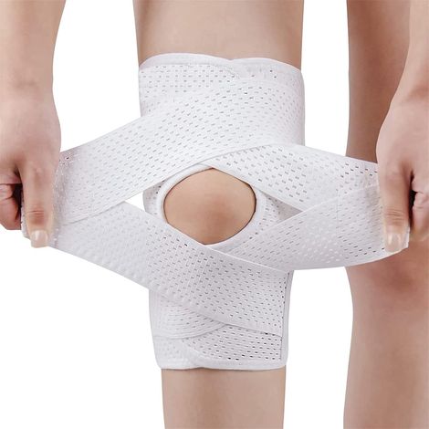 Knieorthese mit seitlichen Stabilisatoren XXL, bei Knieschmerzen, Meniskusriss, ACL, MCL, Arthritis, Verletzungsrehabilitation, verstellbare Kniestütze für Männer und Frauen (weiß) (1/5)