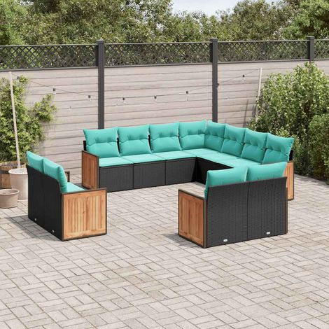 Salon de jardin modulable 11 pièces en résine tressée noire avec coussins bleus, 96kg - PANGIVO (1/5)