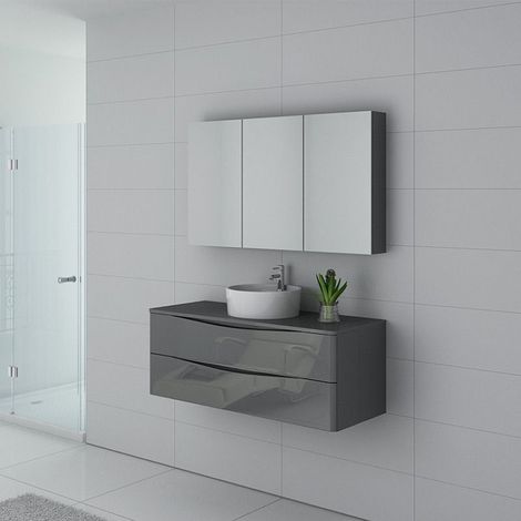 Distribain – Meuble de salle de bain suspendu 120 cm – Vasque ronde en céramique – 2 tiroirs avec fermeture douce – Finition brillante gris taupe (1/4)