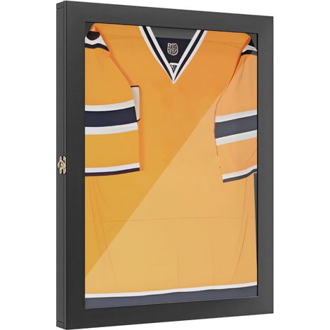 Cadre boîte T-frame pour maillot, porte-acrylique noir 71x6,5x89 cm, doublure interne feutre, présentoir maillot avec cadre acrylique, étui à maillot noir T-frame. (1/5)