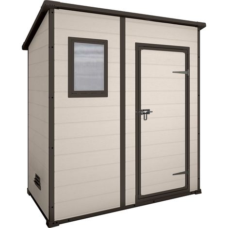 Manor Pent 6x4 - Abri de jardin 183,50x200,50x111 cm 1 porte pour rangement d’outils finition effet bois rayé en résine beige (1/5)