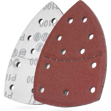Papier de verre 10 feuilles, papier de verre triangulaire, avec Velcro, 11 trous, accessoire de ponceuse multifonctionnel, rouge (grain 100). (1/5)