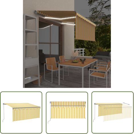 The Living Store Auvent rétractable manuel store LED 3,5x2,5 m Jaune et blanc - Store Exterieur - Auvent Retractable - Abri Soleil - Pergola Pliable - Protection Uv (1/5)
