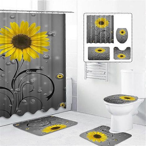 Rideau de douche 3D tournesol, rideau de salle de bain imperméable, tapis de bain antidérapant, ensemble de quatre pièces pour salle de bain, accessoires de décoration intérieure