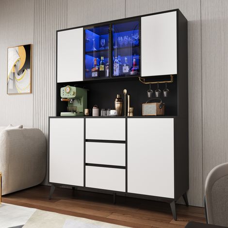 Tkopy - Vitrine en verre, meuble Vitrine, Vitrine salon, Buffets, commodes, meubles de salle à manger, meubles de cuisine, Vitrine équipée d'un éclairage LED, 120x40x160 cm, style noir et blanc (1/5)