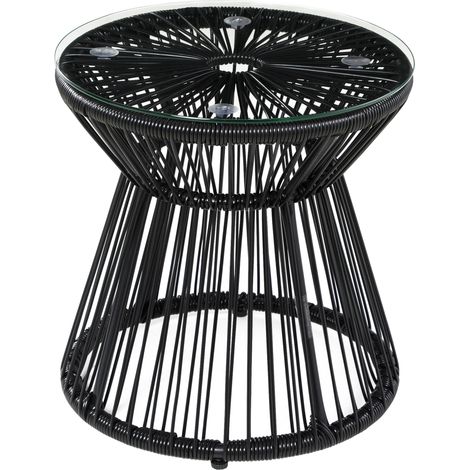 Mesa de jardín redonda de poliratán negro con tablero de vidrio templado 40 x 40 x 42 cm (1/5)