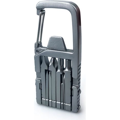 Universelles 12-in-1-Multitool mit Schlüsselring, Schraubendreher, Bits und klappbarem Flaschenöffner, ideal für Camping und Outdoor-Aktivitäten. (1/4)