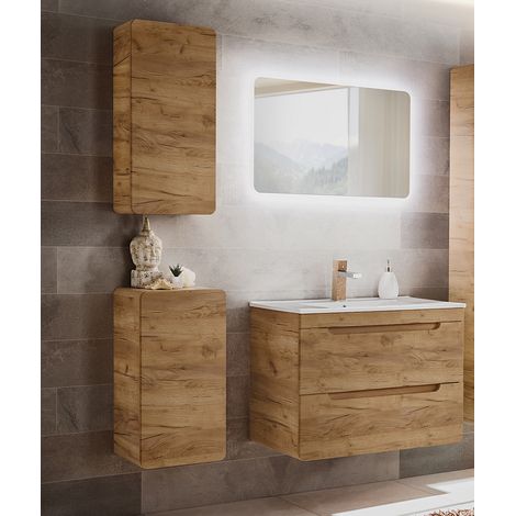 Badezimmer Set in Wotan Eiche Nb. LUTON-56-CRAFT LED-Spiegel und Keramik-Waschtisch, B/H/T ca. 130/200/46 cm (1/5)