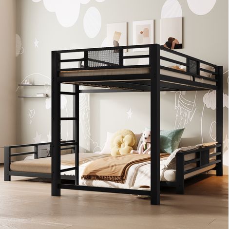 FLORAGRACE Letto a castello a L in metallo 90x200 cm sopra 140x200 cm nero, salvaspazio con griglie di sicurezza per camerette (1/5)
