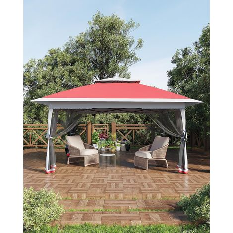 Tonnelle de jardin pliante 3,65 x 3,65 M, Pop Up Gazebo, Tente de Canopée, Moustiquaire, Rapide, 4 Sacs de Sable, Rouge + Gris clair (1/5)