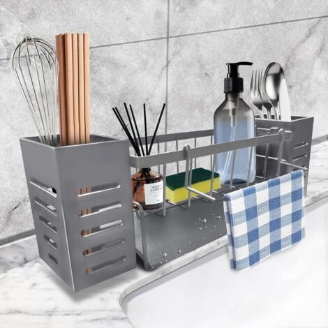Porte-Éponge Évier Cuisine avec Drainage Automatique, Egouttoir 2 Paniers et Support Détachable, Organisateur de Nettoyage pour Évier de Cuisine et Lavabo de Salle de Bain, Gris