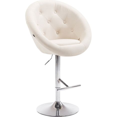 Taburete de bar de diseño moderno en forma de huevo con asiento tapizado y reposapiés en metal cromado y tela color crema TDB10334