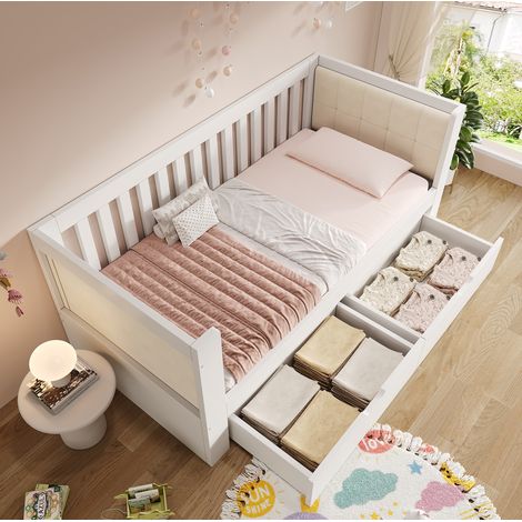 Lit banquette en bois blanc 90x190 cm avec 2 tiroirs, sommier à lattes inclus (1/5)