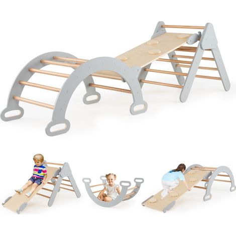 Lot de 3 jeux d'escalade en triangle 75 x 55 x 64 cm avec rampe réversible et soutien au développement en bois gris