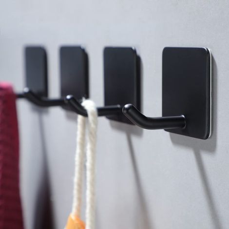 Crochets adhésifs pour serviettes - Lot de 4 crochets pour suspendre peignoirs, manteaux et autres accessoires muraux. Acier inoxydable, noir mat. (1/5)