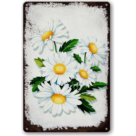 Plaques Étaine Vintage à Fleurs de Marguerite Blanche Art Mural Métallique Décoration Murale Plaque Étaine Métallique de Cuisine Décoration Murale de Salle de Bain à Marguerite Mignonne Plaques de Jar (1/5)