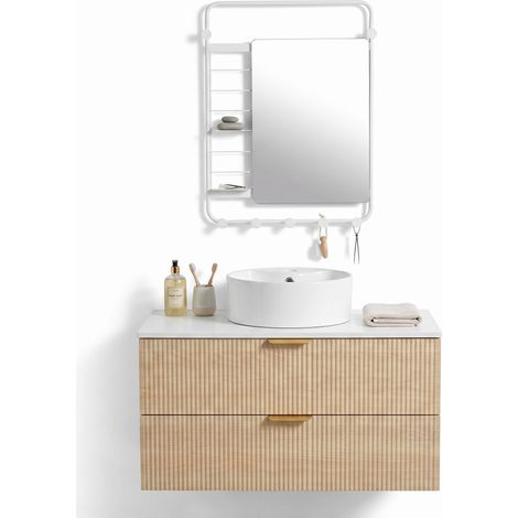 FurnitureR Badezimmermöbel Set Waschbeckenunterschrank mit Schubladen und Wandspiegel Regal Multifunktionale Bad Aufbewahrung Weiß Holzoptik