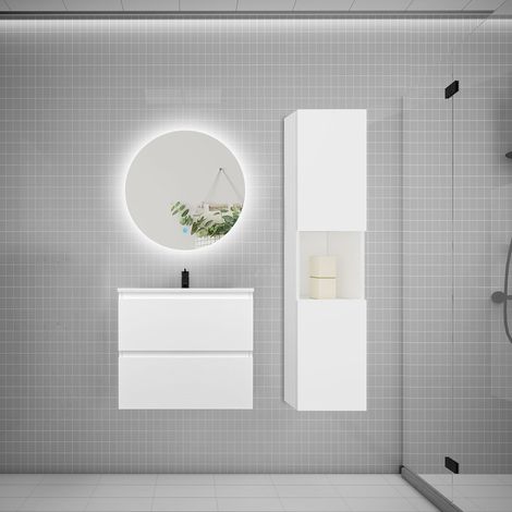 Ensemble meuble blanc et vasque L.60cm 2 tiroirs + colonne1 haut + lavabo + miroir 60x60cm-suspendu