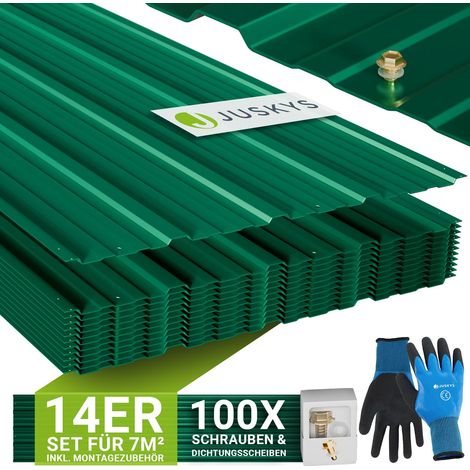 JUSKYS® Profilblech Grün - 14er Set, Verzinkter Stahl, UV-beständig, hohe Tragfähigkeit, mit vorgebohrten Löchern, 110x45 cm, 0,23 mm