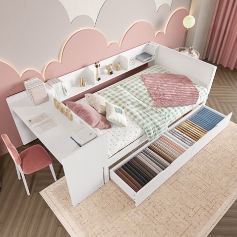 Cama infantil 90x200 cm con 2 cajones, escritorio, 3 estantes, sin colchón, blanco (1/5)