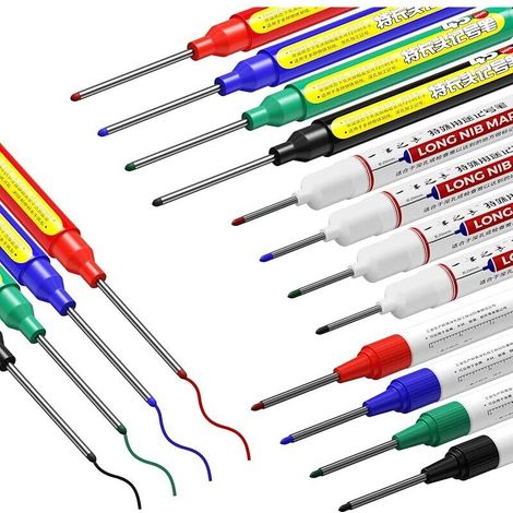 Lot de 12 marqueurs pour trous profonds en métal - 45, 32 et 20 mm - Pointe extra longue - Étanche - Pour bois, plastique, mur, métal (rouge, noir, bleu, vert)