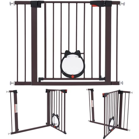 Grille de protection pour escalier sans perçage, barrière de porte avec trappe pour chat, extensible, grille pour animaux de compagnie pour petits animaux, chiens et chats (café, 93  76 cm)
