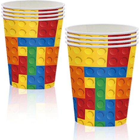 16er Set Pappbecher Baustein-Design 250ml für Kindergeburtstag