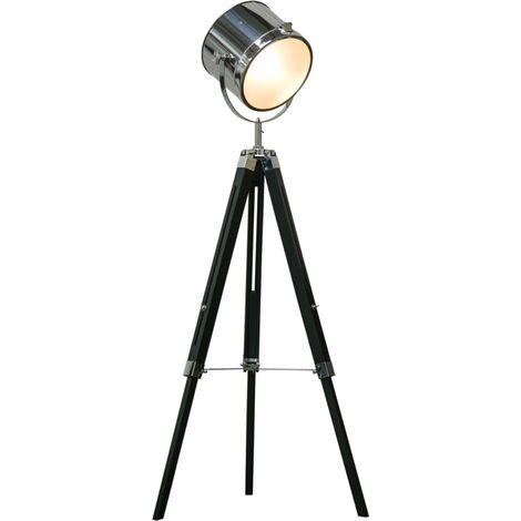 Industrial Style Adjustable Tripod Floor Lamp, Searchlight Lamp with Wooden Legs and Steel Lampshade, 110-155cm, Black