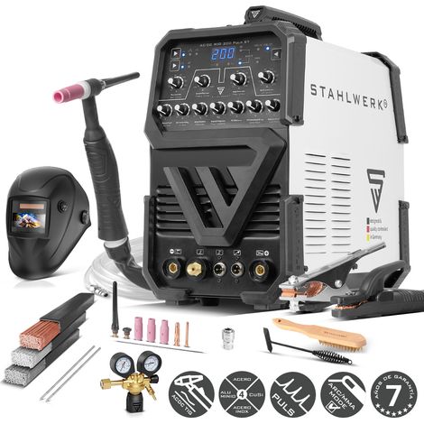 STAHLWERK Soldador AC/DC TIG 200 Puls ST – Equipo completo – Inverter IGBT con modo AC, MMA (Electrodo/ARC) hasta 200 A, encendido HF, función de pulso, modo 2T/4T, Anti-Stick, aluminio y chapa fina (1/5)
