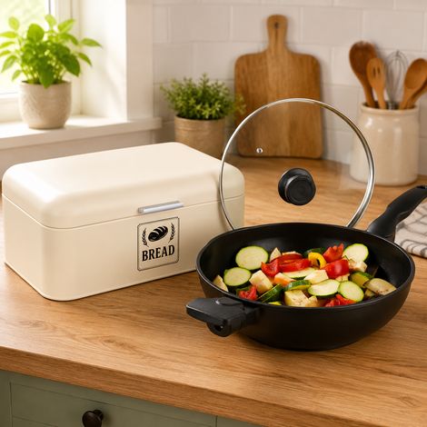 Ensemble de wok de cuisine rétro (2 pièces) – Boîte à pain vintage en métal et wok en fonte d'aluminium pour cuisinière à induction avec couvercle (1/5)