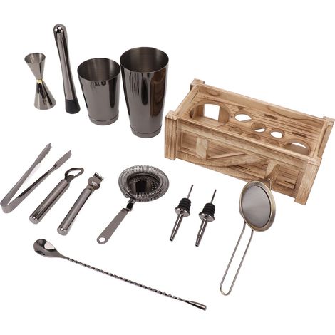 Rostfreies Cocktailshaker-Set aus Edelstahl, Barset mit Holzständer, spülmaschinenfest, für die Hausbar oder Partys (1/5)