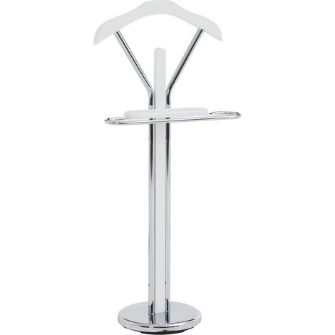 Idimex – Valet de chambre en métal chromé et MDF blanc mat – Cintre pour veste et chemise – Tablette vide-poche pratique – Socle rond stable (1/6)