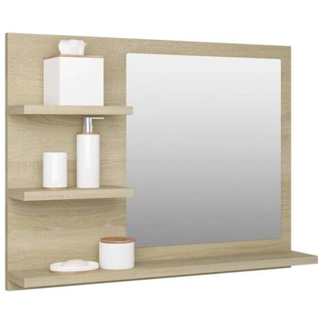 – Armoire murale de salle de bain avec miroir – Dimensions 60 x 10,5 x 45 cm – 3 étagères en bois d'ingénierie chêne sonoma – Assemblage requis