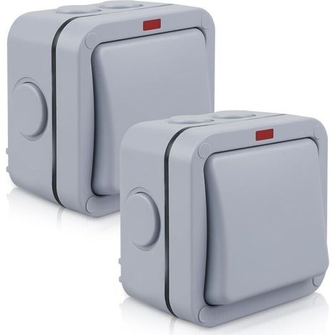 Lot de 2 interrupteurs résistants aux intempéries - 20 A IP66 - Interrupteur étanche avec interrupteur indépendant et voyant lumineux - Interrupteur universel d'extérieur - Gris - Pour extérieur