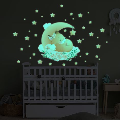 Sticker phosphorescent lumineux - RENARD DANS LES ÉTOILES + 40 ÉTOILES - Autocollant mural plafond enfant fluorescent - 40x45cm (1/5)