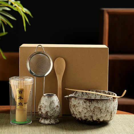 Service à matcha 6 pièces – bol blanc cuit au four – kit de cérémonie du thé (1/5)