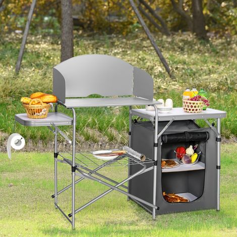 Table de Camping Extérieur avec Rangement Cuisine de Camp Pliable avec Pare-vent Sac de Rangement Sac de Transport Gris (1/2)