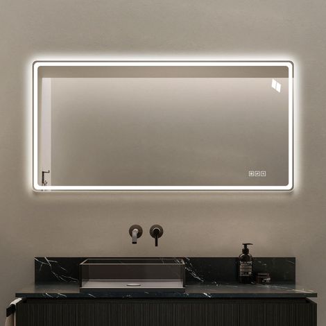 Miroir de salle de bain LED 60×120 cm sans cadre, éclairage avant et arrière, tactile gradable, 3 températures couleur, antibuée, verre HD sans cuivre, pose verticale ou horizontale. (1/5)