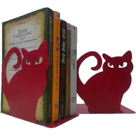 Serre-livres en métal épais, motif chat persan mignon et éclatant (rouge), idéal pour bibliothèque, école, bureau ou maison. (1/5)