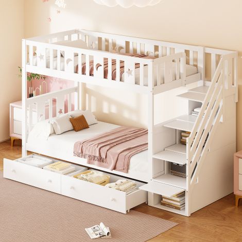 Lit superposé enfant 90x200 cm - en bois massif - avec escalier de rangement et 2 tiroirs - Blanc (1/5)