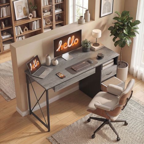 Bureau d'ordinateur 120x50cm avec rangement, plateau clavier, compartiment ouvert et 2 tiroirs, gris