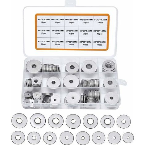 225PCS Rondelles Plates en 304 Acier Inoxydable Assortiment,M3 M4 M5 M6 M8 M10 M12 Rondelle Plate pour L'étanchéité des Vis Bagues D'étanchéité-Livré avec boîte (Gris) (1/5)