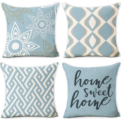 Housse de Coussin Décorative 45x45 cm Lot de 4 Bleu Motif Géométrique Moderne en Lin Doux Taie pour Canapé, Sofa, Salon, Patio Intérieur Extérieur Décoration Maison (1/5)