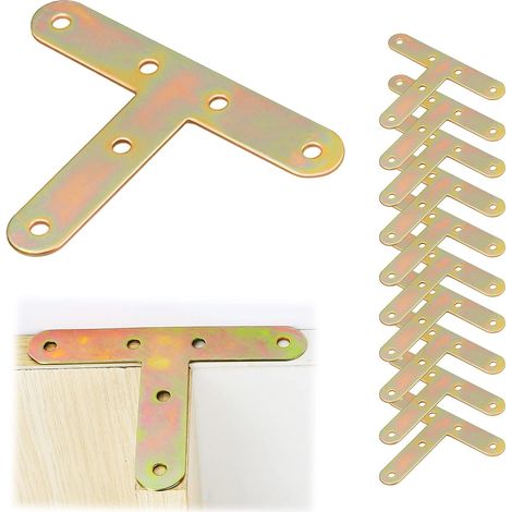 Conectores angulares, placa perforada - Conectores angulares planos de metal en forma de T para muebles, armarios, mesas y sillas, soportes de reparación en forma de T, 10 piezas