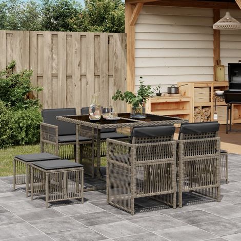Set comedor jardín 9 pzas y cojines ratán sintético gris vidaXL (1/5)