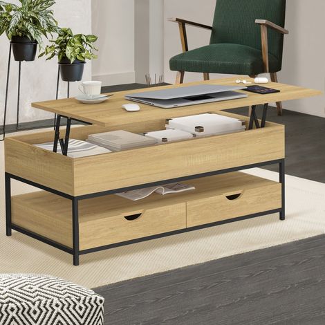 Mesa de centro rectangular elevable DETROIT con 2 cajones de diseño industrial
