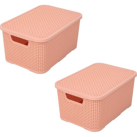 Lot de 2 corbeilles avec couvercle design rotin - Taille S 7 l - Plastique PP sans BPA - Rose saumon, 28,5 x 19,5 x 12,9 cm - 2 pièces. (1/4)