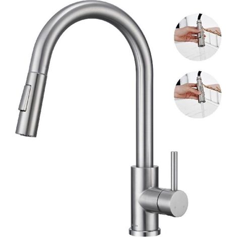 360° swivel kitchen mixer tap with pull-out spray head – Brushed stainless steel – 2 spray patterns