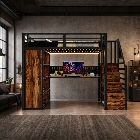Cama alta 90 x 200 cm de metal con escritorio, armario, almacenaje, escalera y LED, negro OKWISH (1/5)